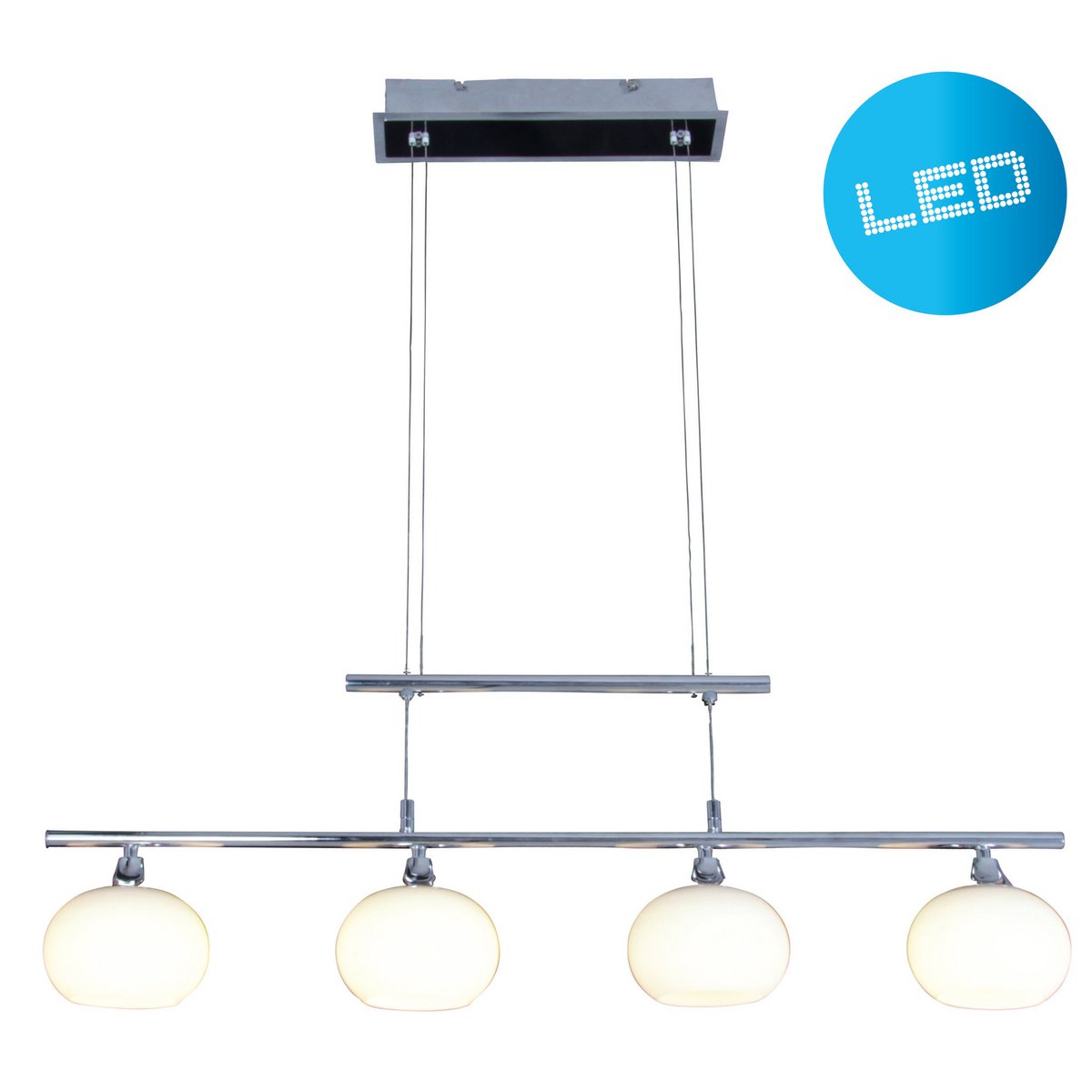 Pendant lamp, 4flg. "Kemi", 82 cm wide, made of metal and opal -colored glass.