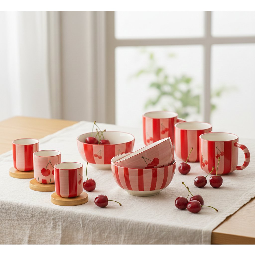 Cherry red striped dessert plates - set of 4