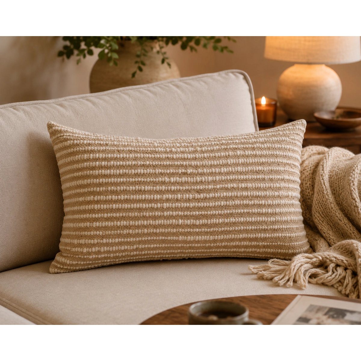 Natural Beige Lumbar Cushion Cover / Kussenhoes – Stripes & Texture – 35x50 cm – Urbane Hide