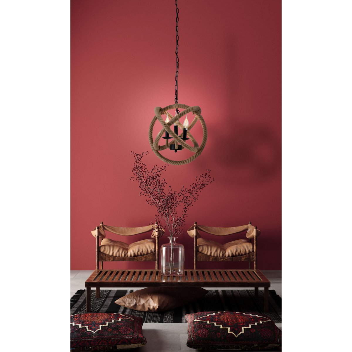 Pendant lamp "Regia", black metal, hemp rope, E27 socket, lighting for living room, dining room or office, 43 cm diameter