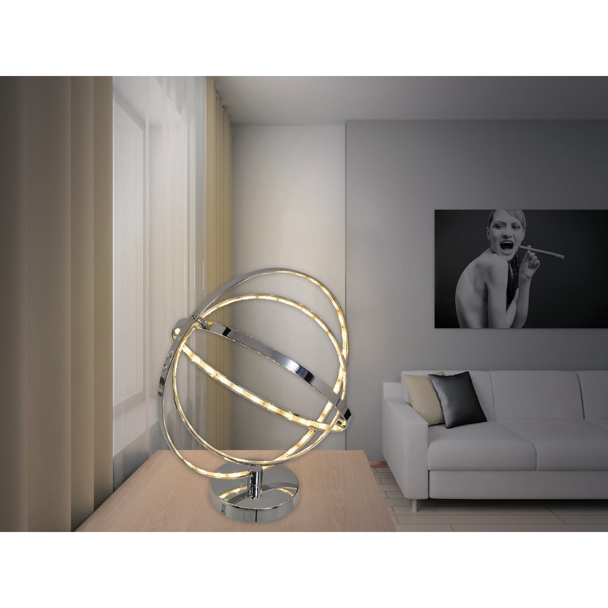 LED Tischleuchte 39 cm, chromfarbenes Metall, integrierte LEDs.
