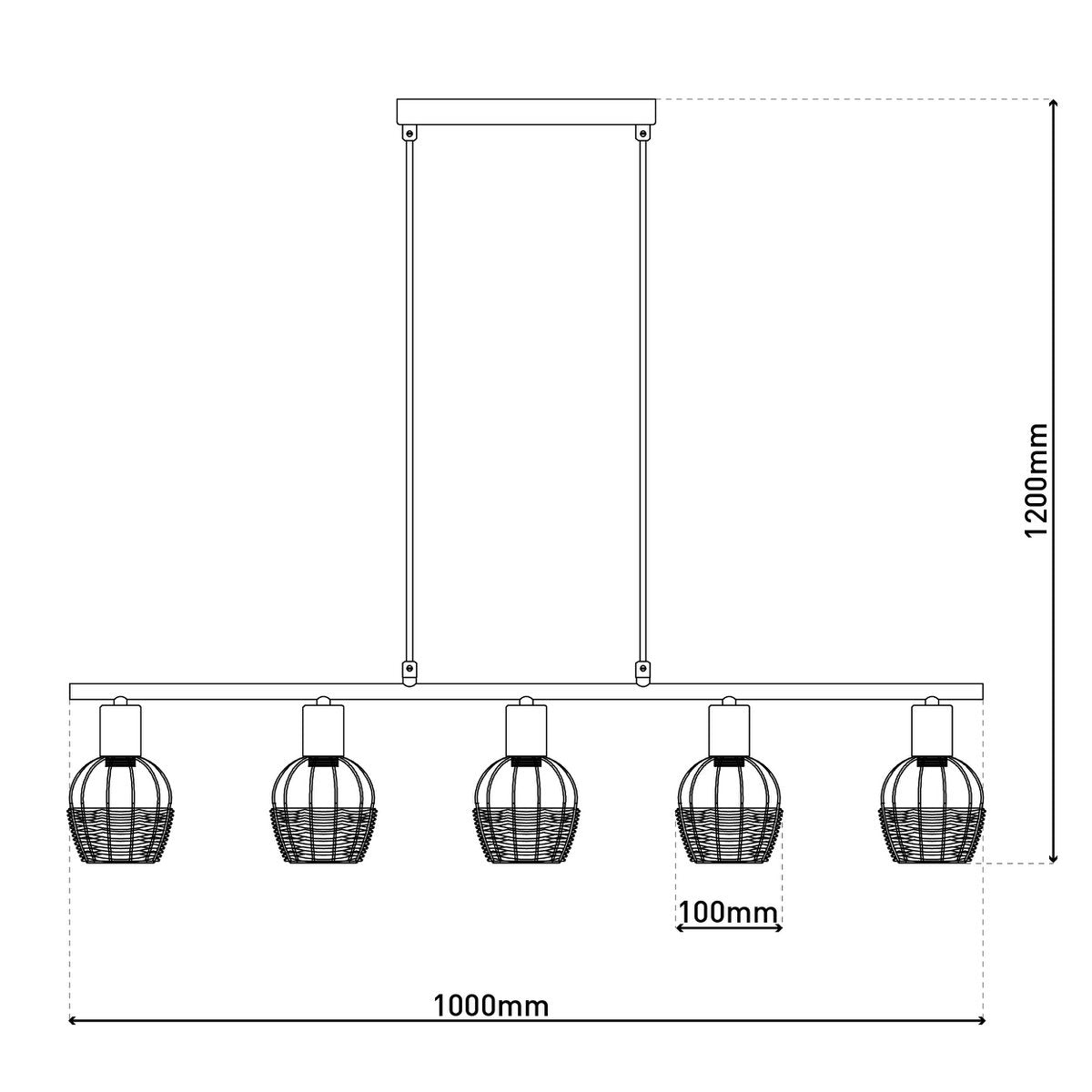 5er Pendelleuchte "CORBIS", Hängelampe aus Metall in Schwarz, mit Gold und Rattan, mit E14-Fassung, für Esszimmer, Wohnzimmer, Diele oder Büro, 100 cm lang