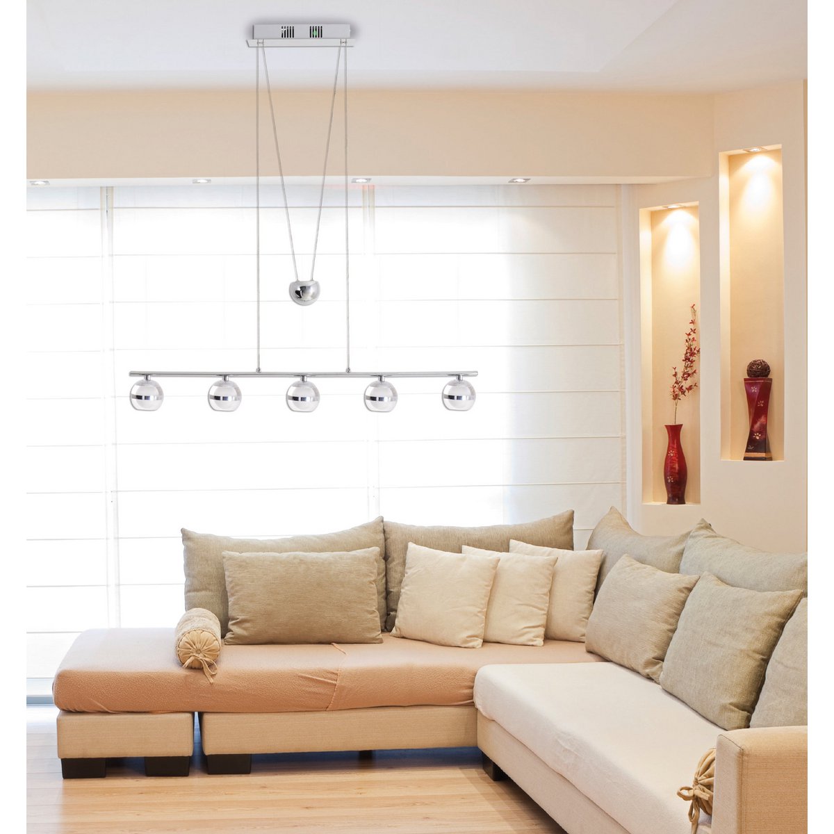 LED in return pendant light "Sphere" made of metal and glass in chrome, with integrated LED