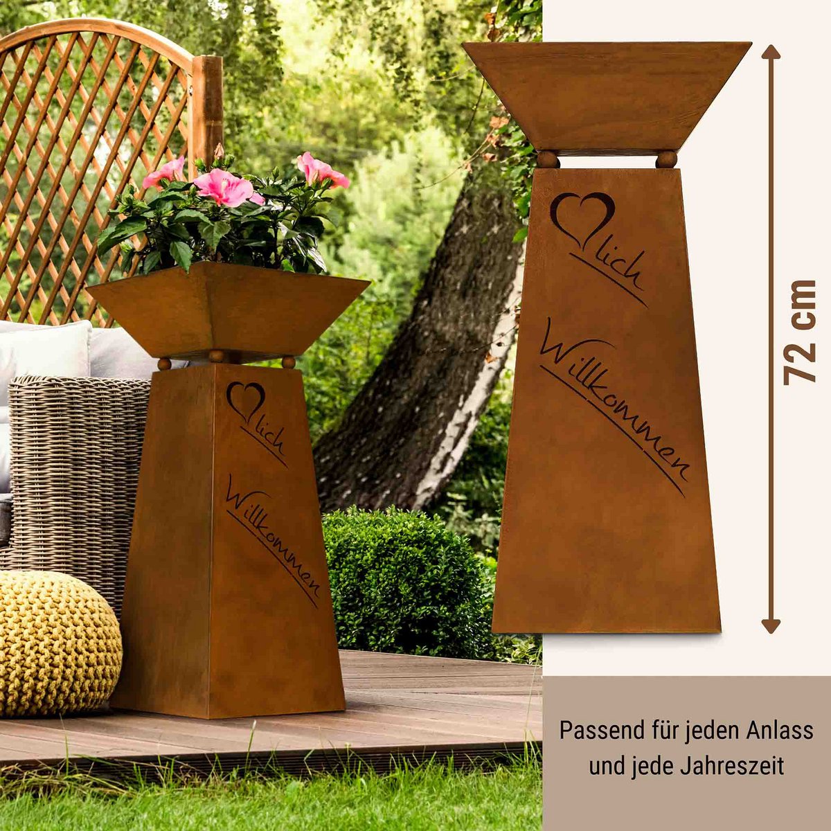 Rust decorative column warm welcome with flower bowl in patina