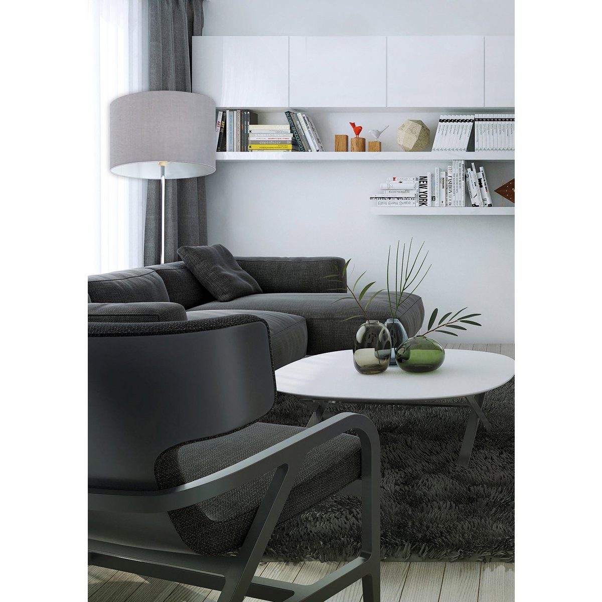 Golvlampa "New York", klassisk golvlampa i metall med textspridare i grått, med E27-sockel, 160 cm hög, perfekt för vardagsrum, matsal, hall och kontor
