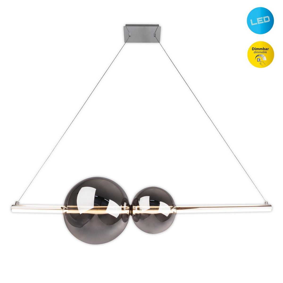 LED Pendelleuchte chrom "NOVA" aus chromfarbenem Metall, Kunststoff und Rauchglas, mit fest verbauten LEDs, ca. 105 cm lang