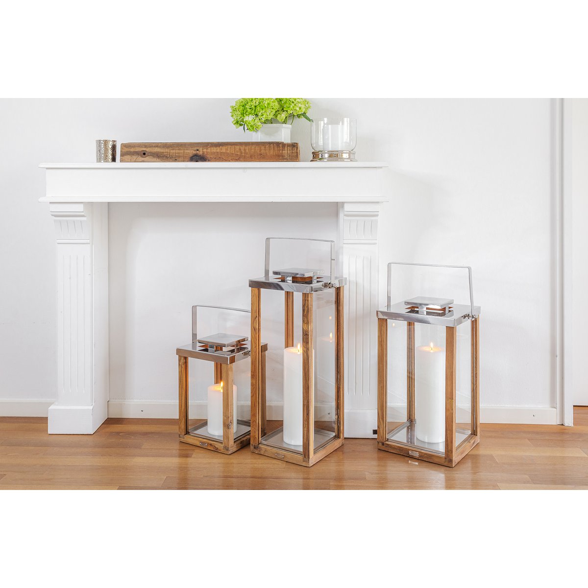 EDZARD lantern Miami with foldable handle, wood and stainless steel shiny nickel-plated, height 70 cm