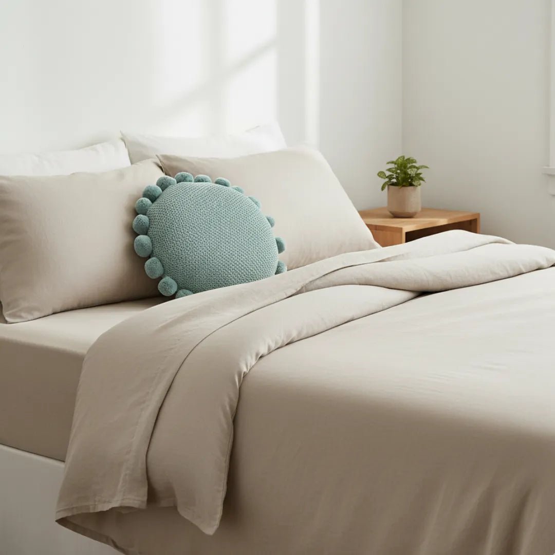 Soft Blue Round Knitted Cushion Cover with Pompoms, 40 cm — Urbane Hide