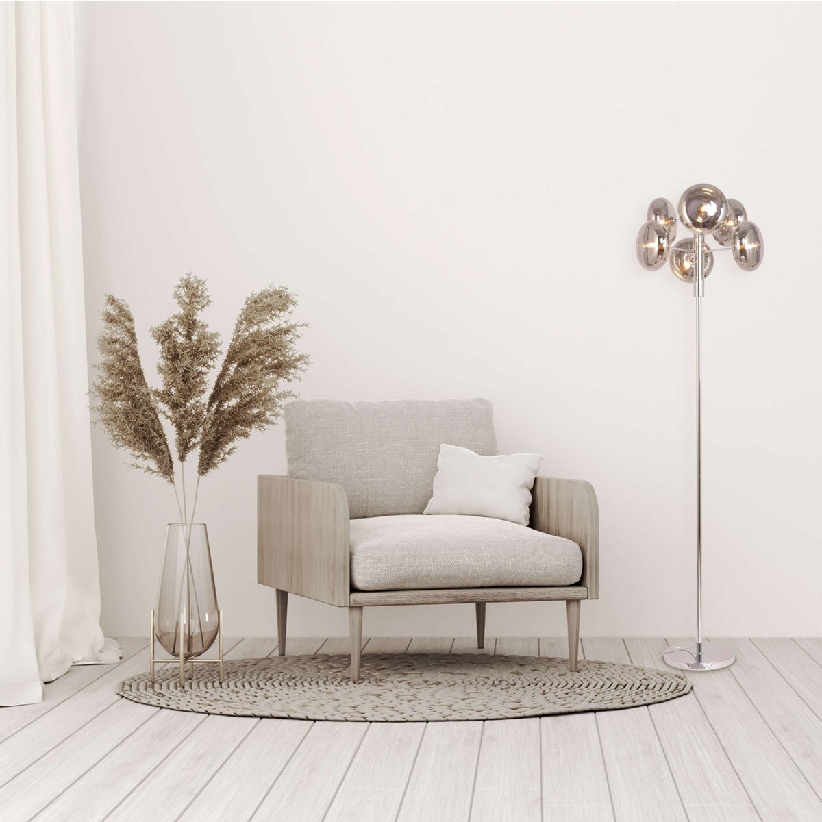 Stehleuchte "ORION" smoky, ca. 165 cm hoch, aus chromfarbenem, rostfreiem Stahl und Rauchglas, G9-Sockel, Beleuchtung für Wohnzimmer, Esszimmer oder Büro.