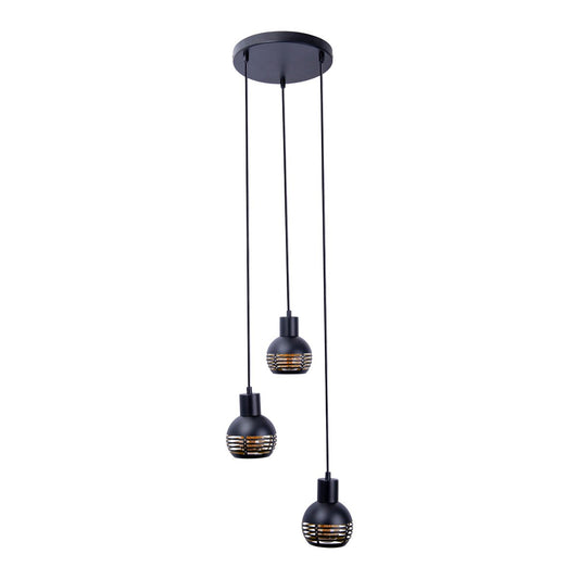 3-seater pendant light "Casco" hanging lamp made of metal in black, and gold, with E27 versions. Stylish lighting for living room, dining room or kitchen.
