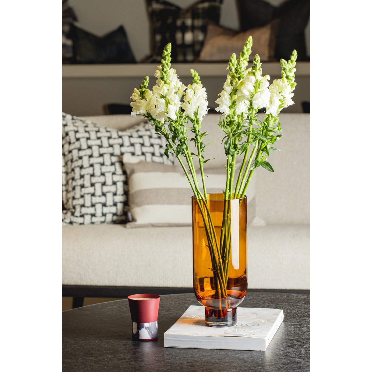 Sober modern glass vase, cylindrical shape on a solid base, warm dark orange, OMAHA14AM