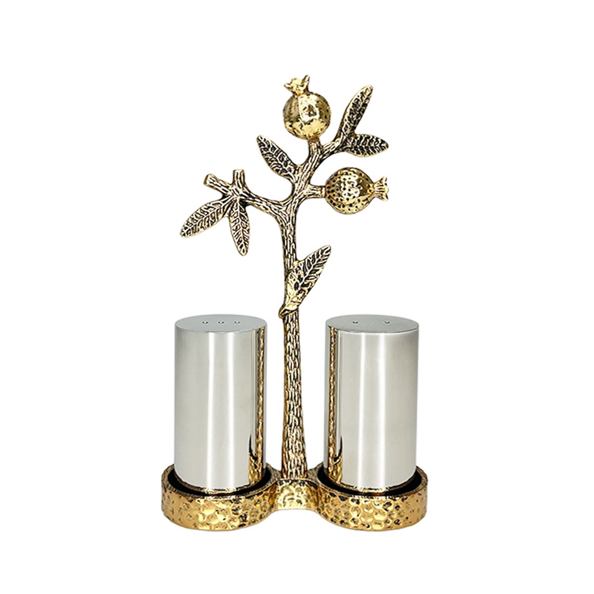 Gold salt and pepper shakers with pomegranate holder