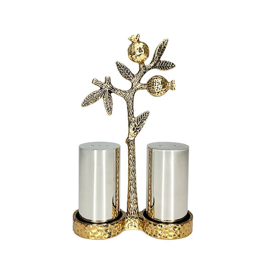 Gold salt and pepper shakers with pomegranate holder