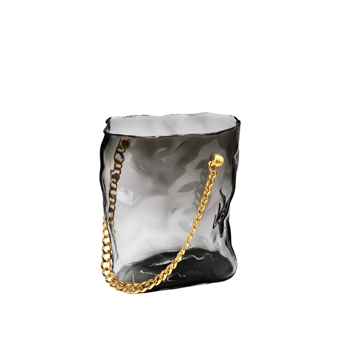 Transparent black glass bag vase with silver handle 20x12x24cm
