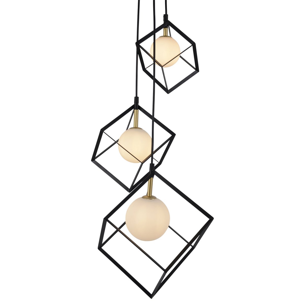 3-flame pendant lamp "Cadre", retro pendant lamp made of metal and glass in black, and white with a G9 socket, a total of 147 cm high, for living area and office.