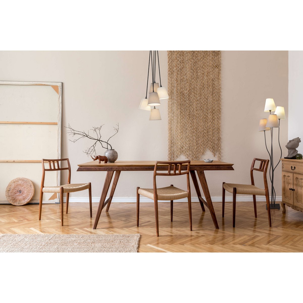 Textile standing lamp 4-flame "boho", floor lamp in beige/brown, with E14 socket, for dining room, living room, hallway or office, 138 cm high