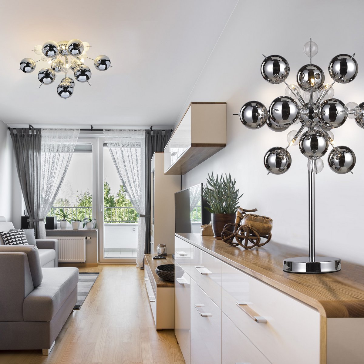 Ceiling lamp "explosion" chrome made of metal and glass, G9 versions, ceiling lamp for dining room, living room, hallway or office, Ø57 cm