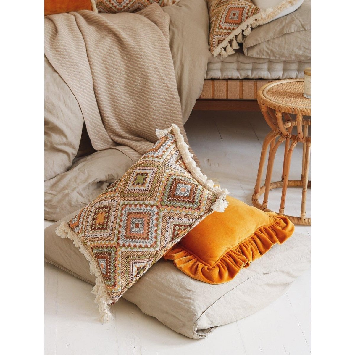 Soft Velvet Pillow with Frill “Mustard”