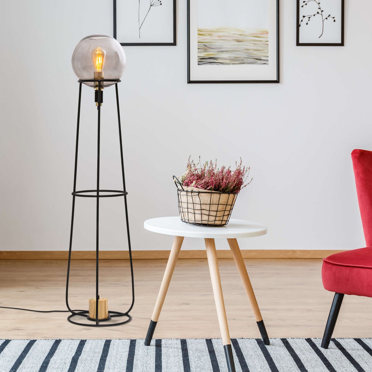 Staplingsbar lampa "Stelo", modern golvlampa av svart metall och rökt glas, E27-sockel, 128,5 cm hög, för matsal, vardagsrum, hall eller kontor,