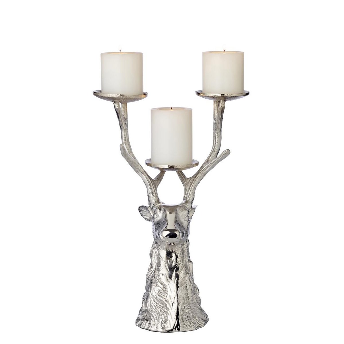 EDZARD candlestick deer, nickel-plated aluminum, height 32 cm, for 3 pillar candles, diameter 6 cm