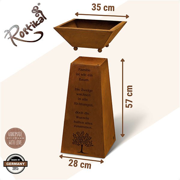 Decorative rust column with family saying and decorative bowl