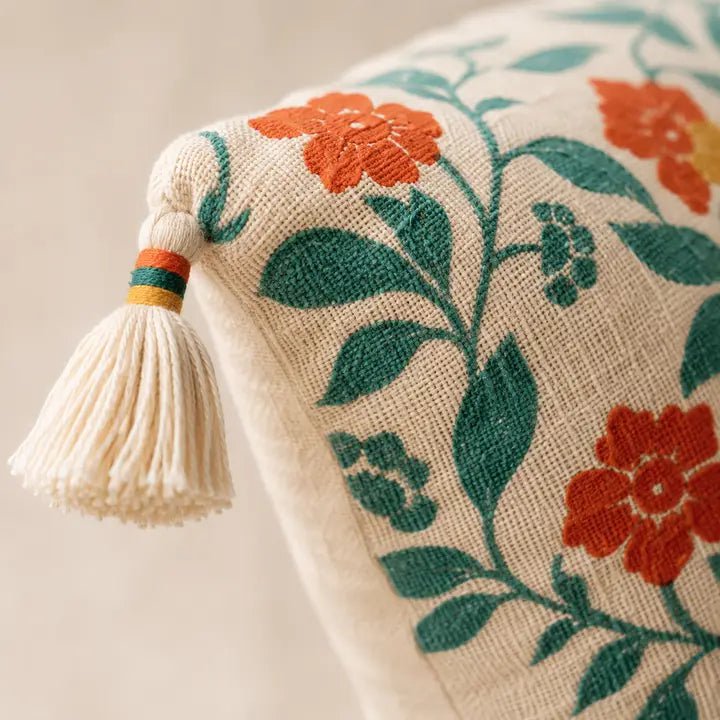 Beige Embroidered Tassel Lumbar Cushion Cover – Cotton – 35×60 cm – Urbane Hide