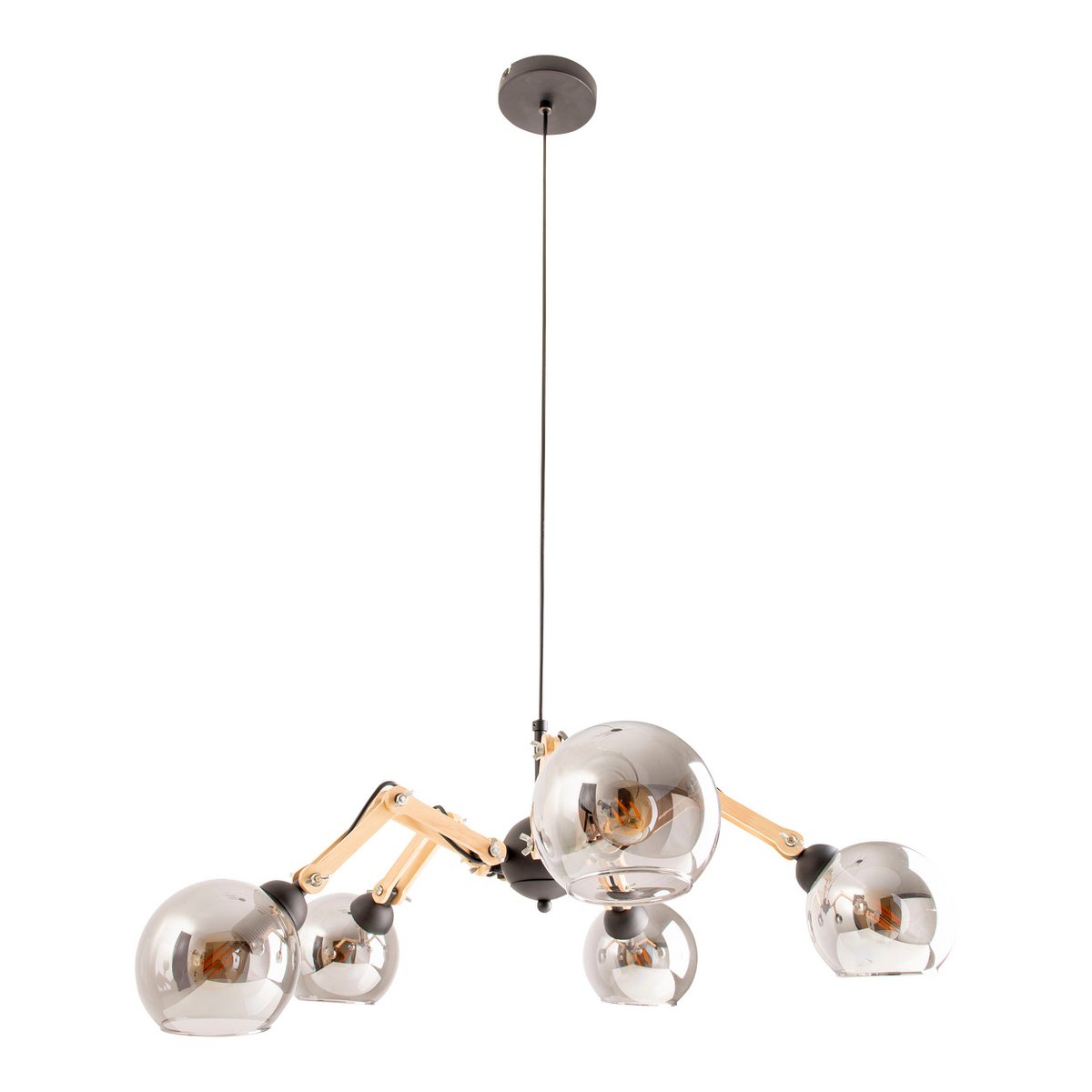 5 glass pendant lamp "Soito" hanging lamp made of metal, glass and rubber wood, with E14 socket, for dining room, living room, hallway or office, 80 cm diameter