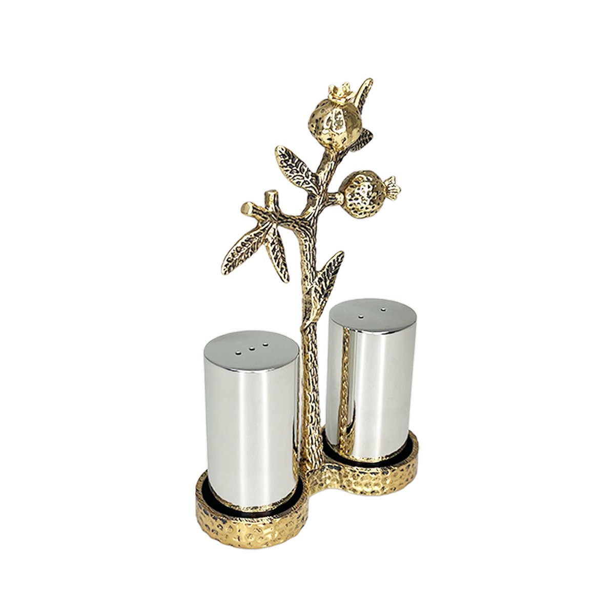 Gold salt and pepper shakers with pomegranate holder