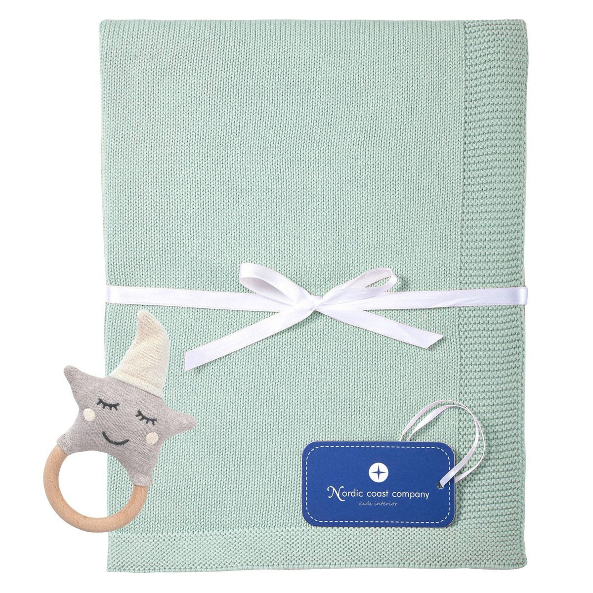 Gift set baby blanket mint + rattle natural