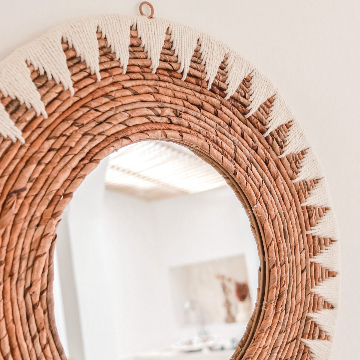 Rund Boho-spegel 60 cm | Handgjord vävd väggspegel AWAN | Väggdekoration med mönster av bomullsrep