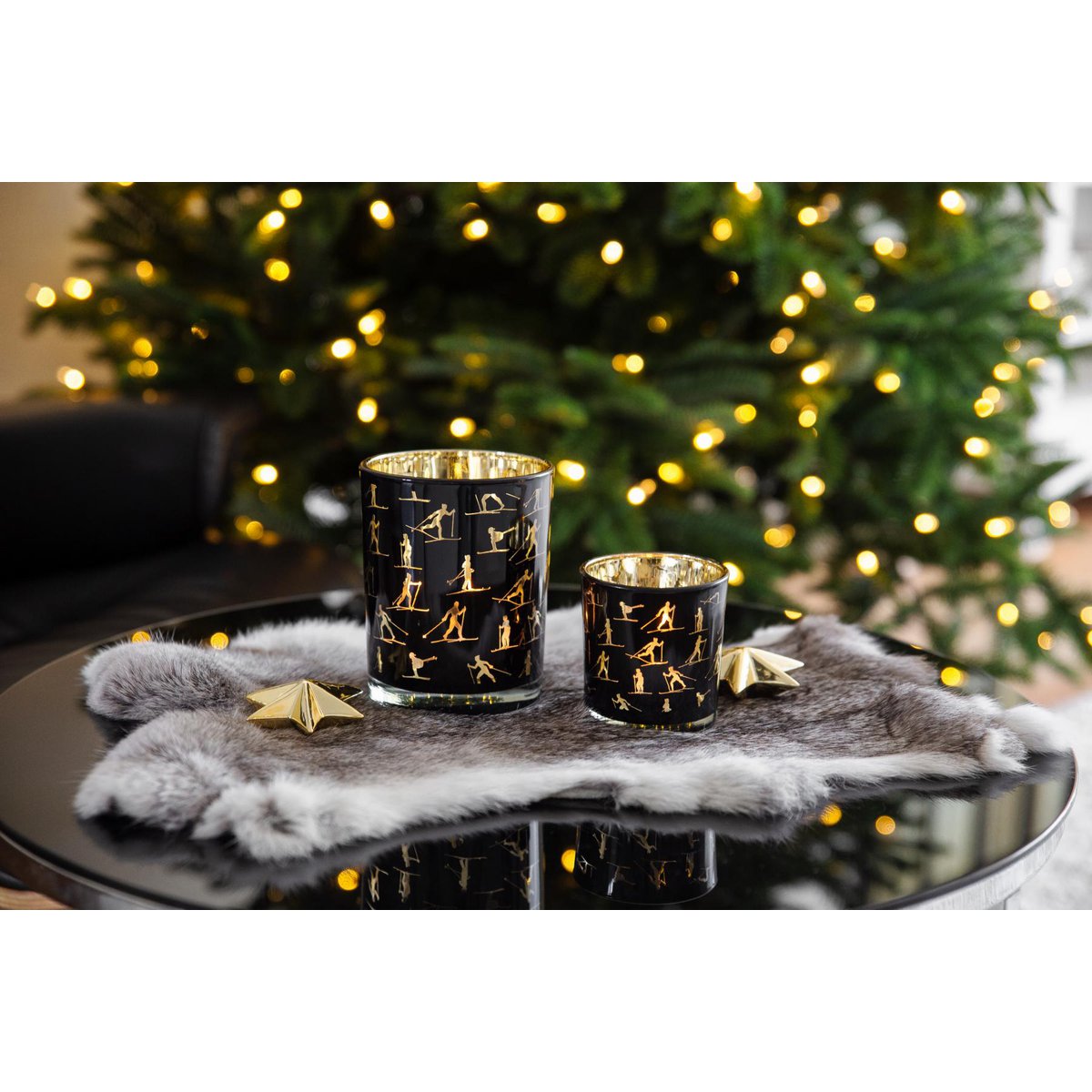 Set of 2 tea light glasses Monty (height 8 cm, ø 7.5 cm), lantern with skiing motif, gold / black