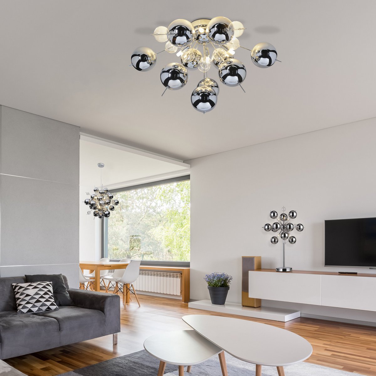 Ceiling lamp "explosion" chrome made of metal and glass, G9 versions, ceiling lamp for dining room, living room, hallway or office, Ø57 cm