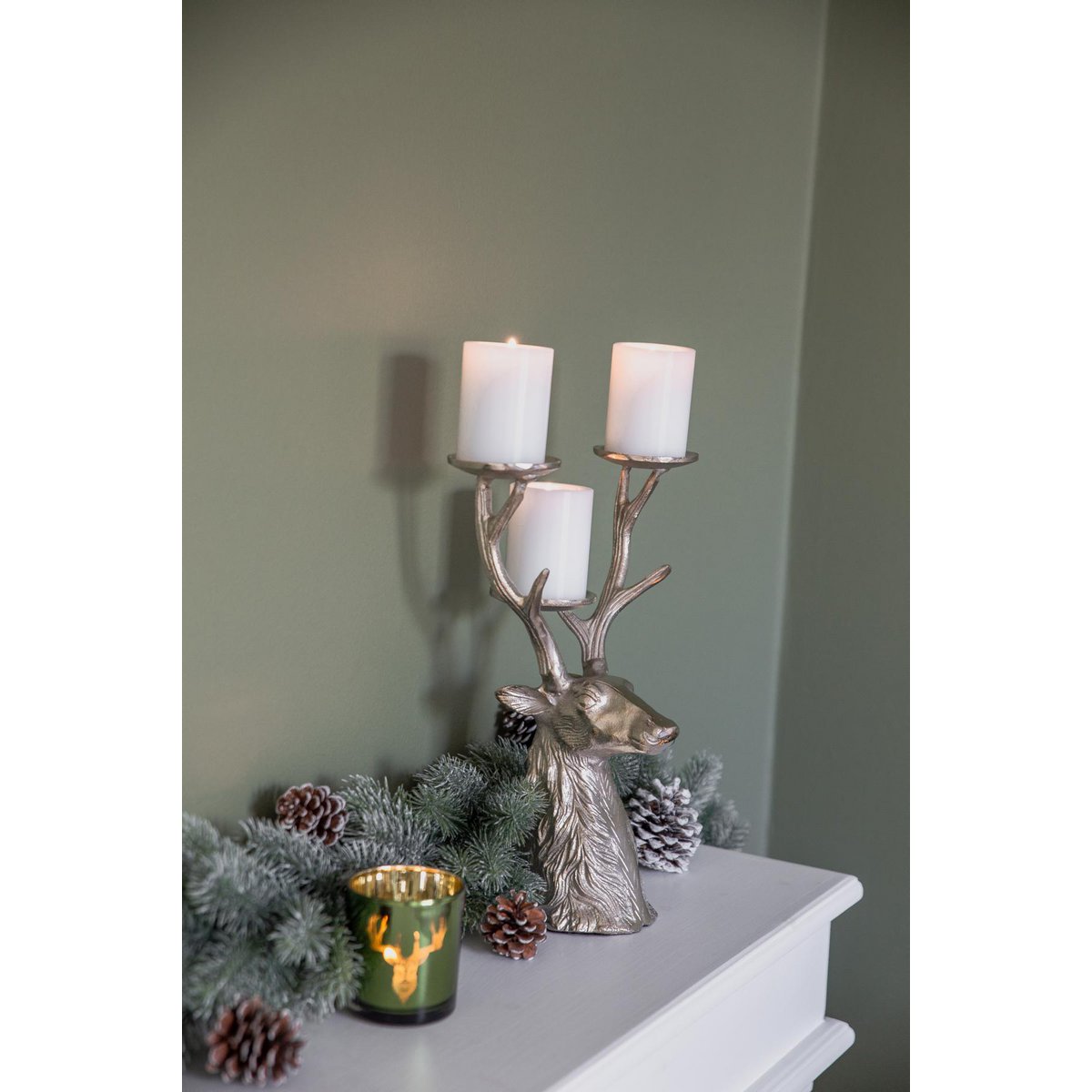 EDZARD candlestick deer, nickel-plated aluminum, height 32 cm, for 3 pillar candles, diameter 6 cm