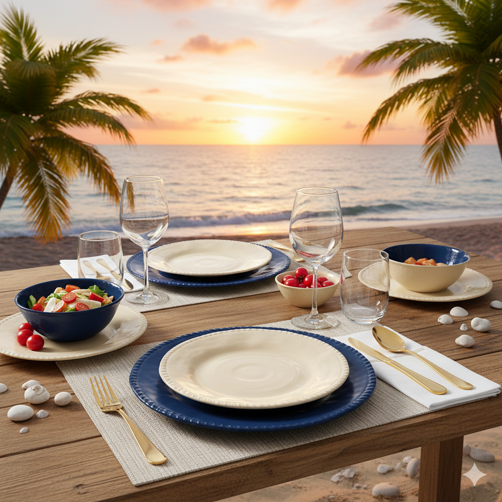 Blue melamine dinner plate with rope edge 28x28x2.5cm