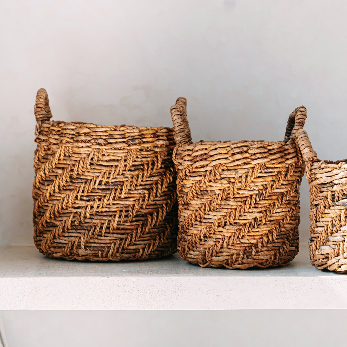 Boho Laundry or Plant Basket – Round Woven Storage Basket – Decorative Basket Made of Banana Fibre (3 sizes Ø 25/32/38 cm) RINJANI