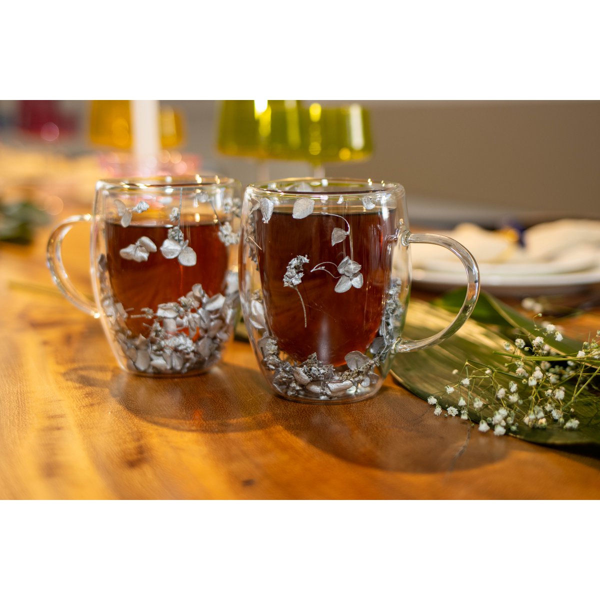 Double wall tea cups 350ml silver flowers - Lot of 2