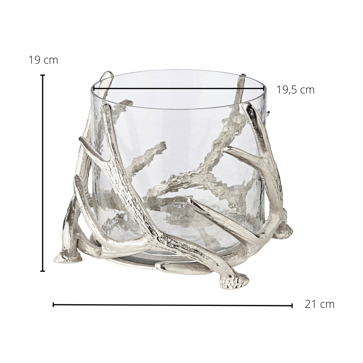 EDZARD lantern Kingston, antler design, aluminum, silver-colored, with glass, height 20 cm, ø 25 cm