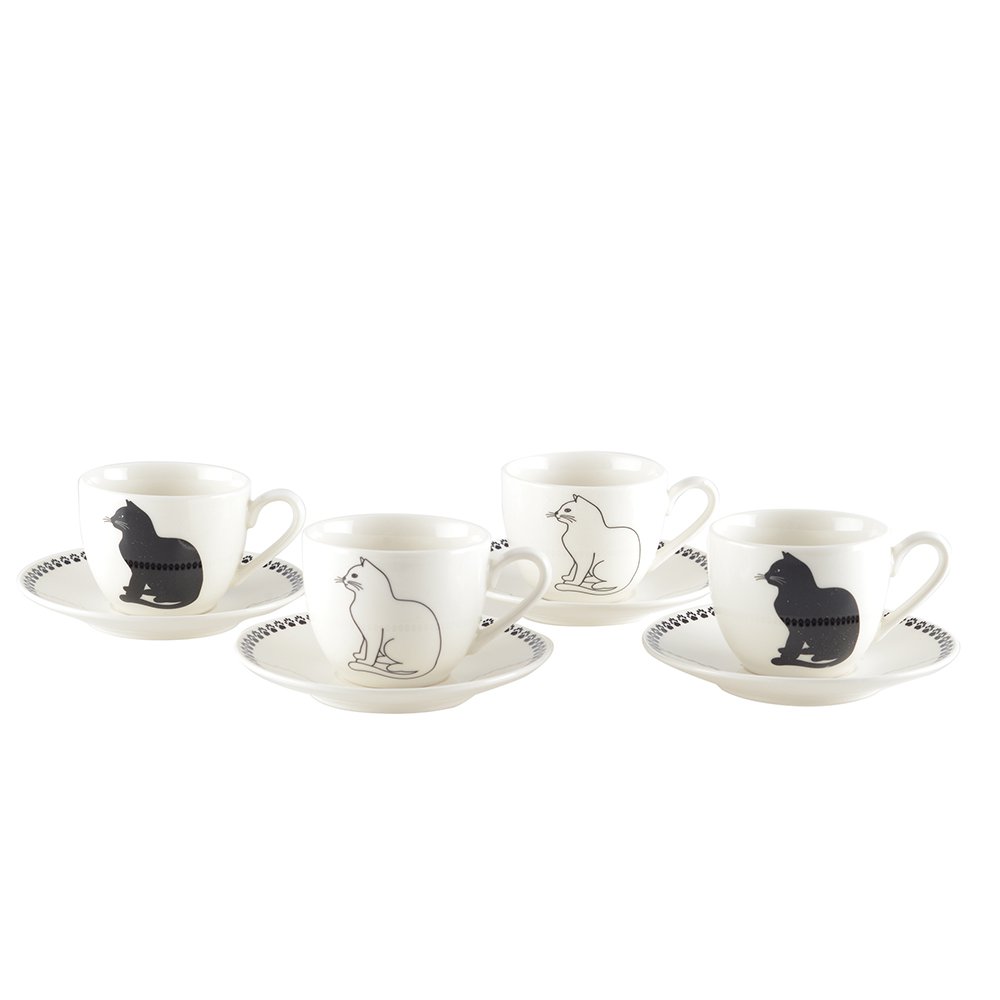 Kaffekoppar med fat med svart och vit katt – 4-pack
