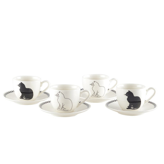 Coffee cups with black and white cat saucers - Lot of 4