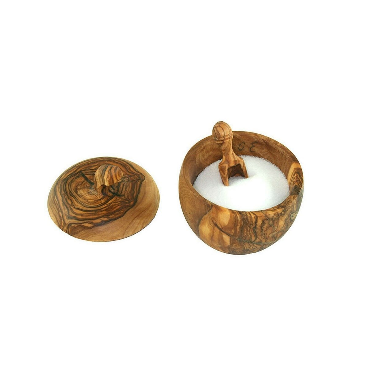 Apple-shaped salt box with salt shovel, olive wood