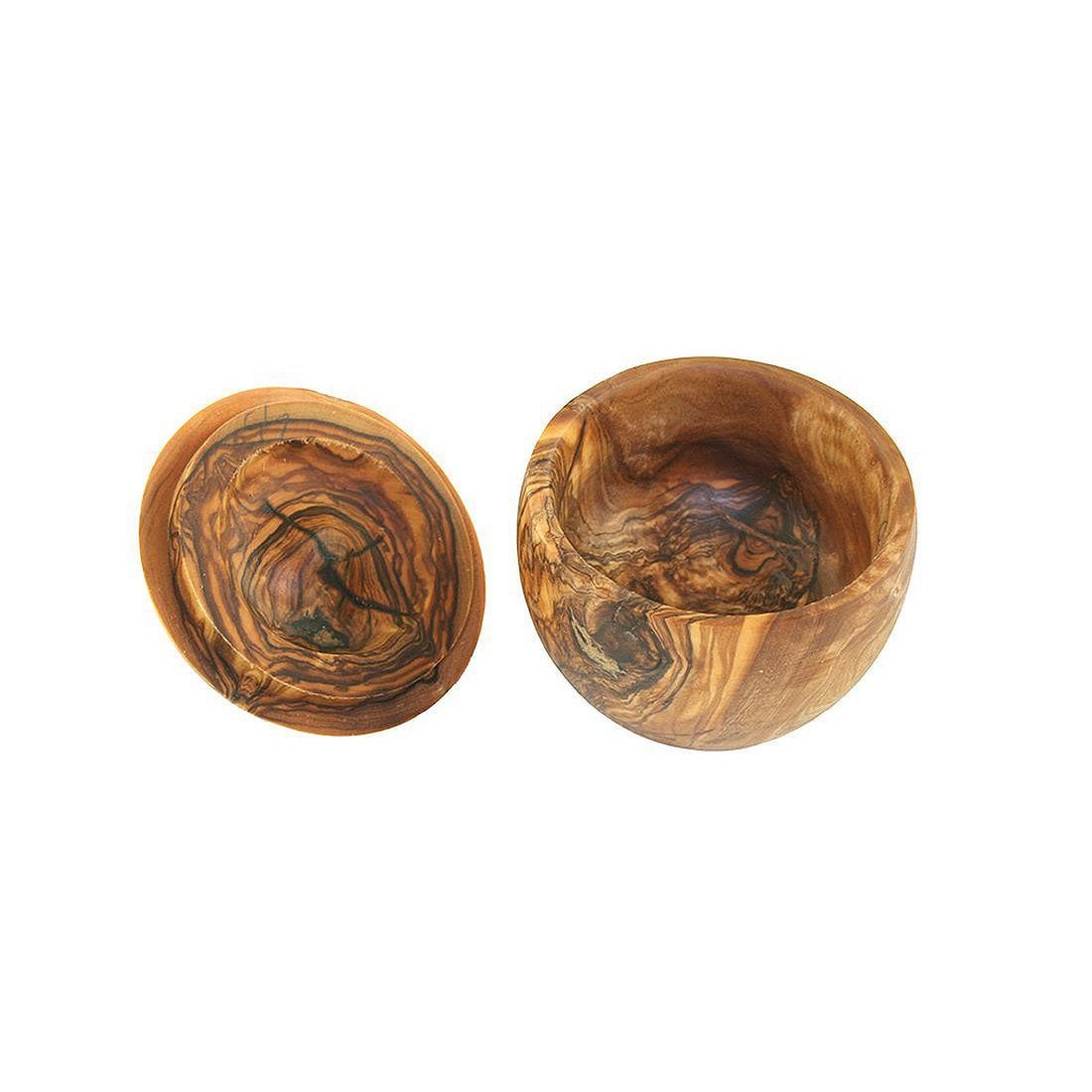 Apple-shaped salt box with salt shovel, olive wood