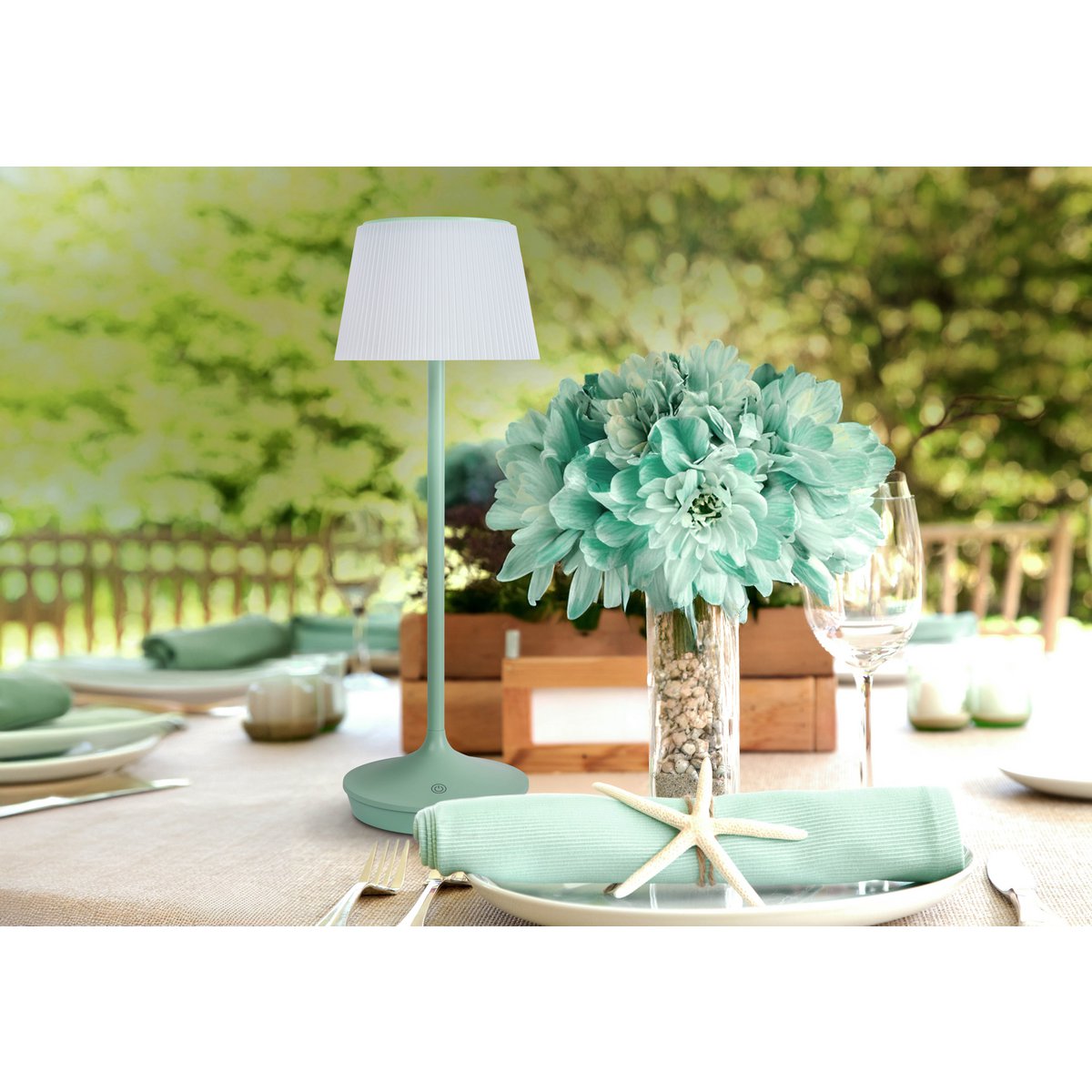 Solar battery lamp "Emmi" 38 cm high, umbrella Ø 13 cm, metal in MINT and white plastic, for the outdoor area, dimmable CCT.