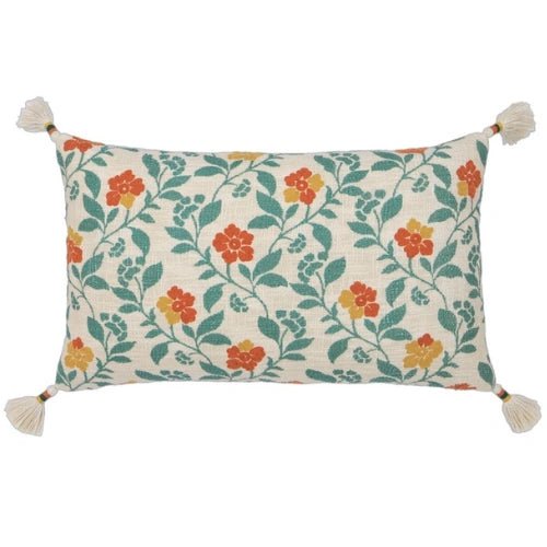 Beige Embroidered Tassel Lumbar Cushion Cover – Cotton – 35×60 cm – Urbane Hide