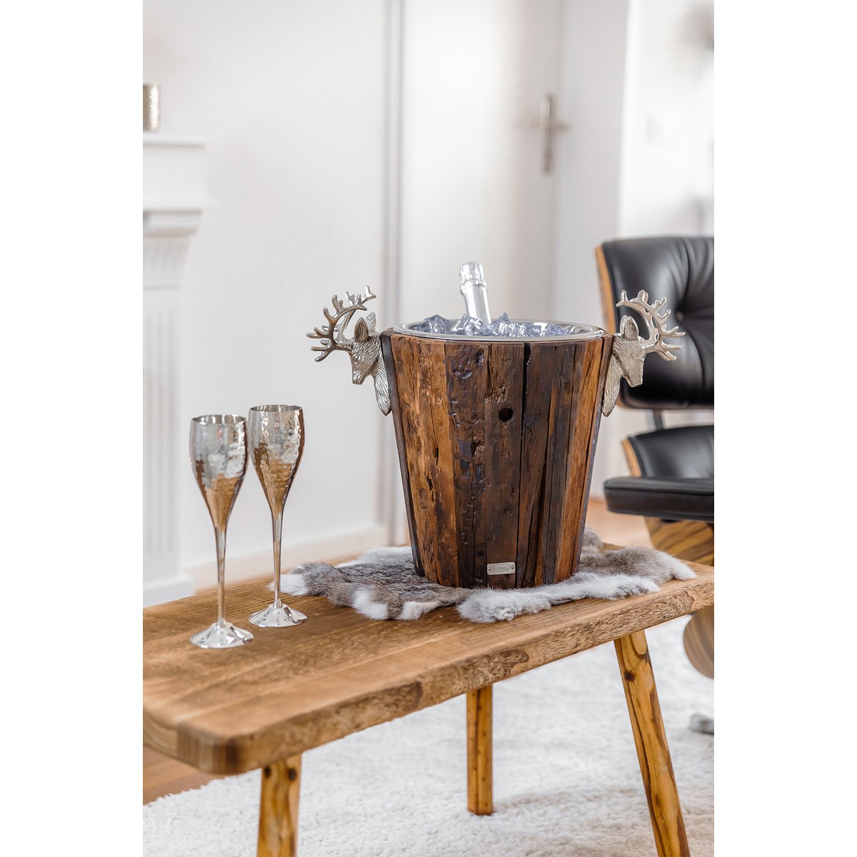 EDZARD champagne cooler Milwaukee with 2 deer heads, teak, stainless steel shiny nickel-plated, height 30 cm