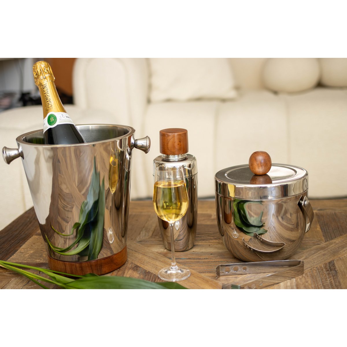 Champagne wood and silver bucket 20.5x20.5x24.5cm