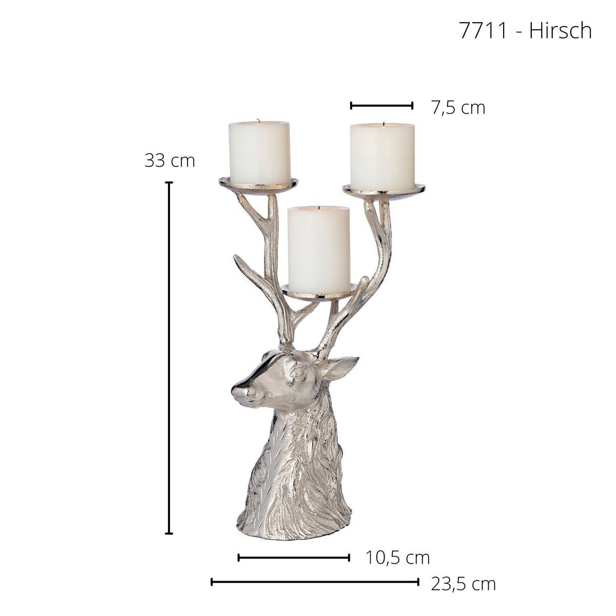 EDZARD candlestick deer, nickel-plated aluminum, height 32 cm, for 3 pillar candles, diameter 6 cm