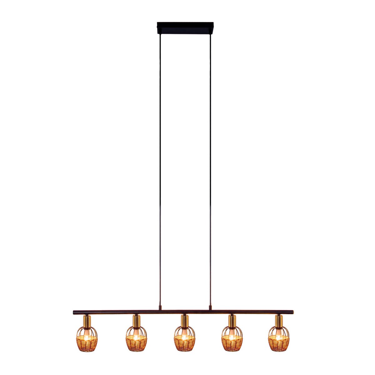 5er Pendelleuchte "CORBIS", Hängelampe aus Metall in Schwarz, mit Gold und Rattan, mit E14-Fassung, für Esszimmer, Wohnzimmer, Diele oder Büro, 100 cm lang