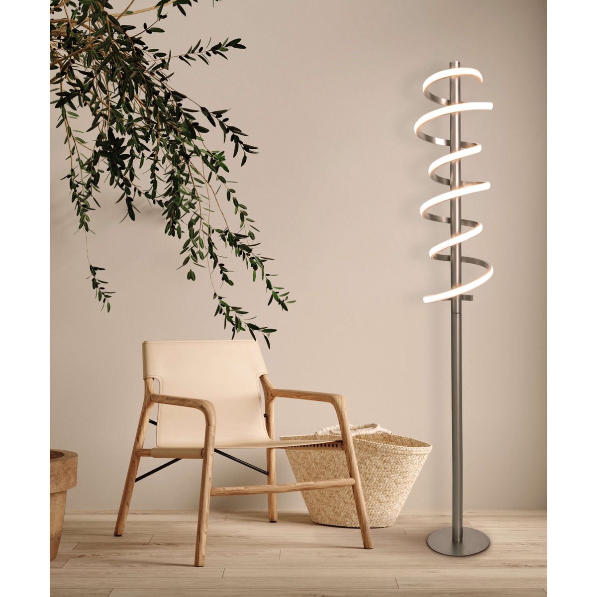 LED standing lamp "Belleza", modern floor lamp made of metal and plastic in nickel matt and white, with firmly built-in LEDs, 140 high, lighting for living room, dining room, bedroom or office.