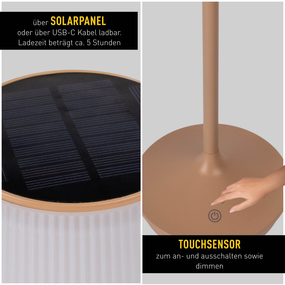 Solar battery lamp "Emmi" 38 cm high, umbrella Ø 13 cm, metal in almond and white plastic, for the outdoor area, dimmable CCT.