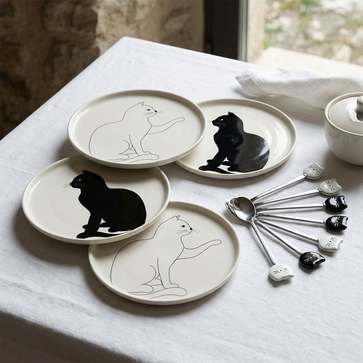 BLACK AND WHITE CAT DESSERT PLATES - SET OF 4